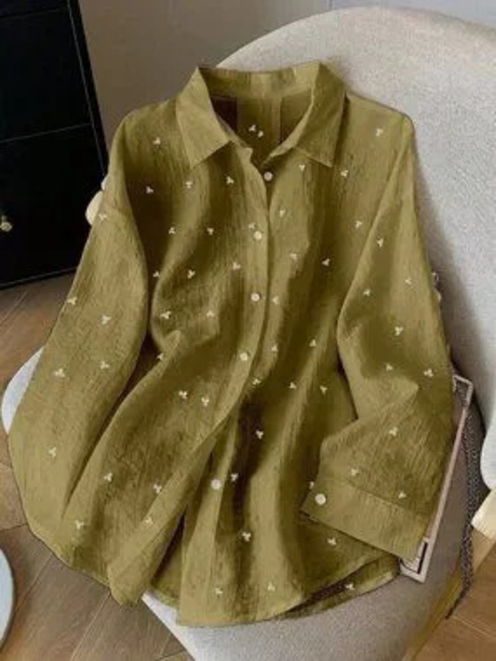 Olive Green Casual Women's Loose Thin Backless Tie-Up Long Sleeve Shirt